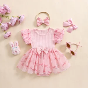 Baby Girls Rompers Dress Rabbit Print Skirt Hem with Headband